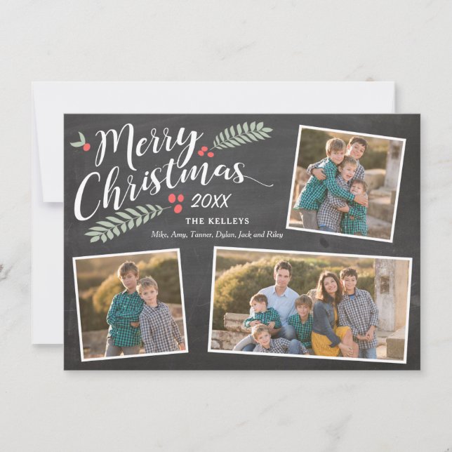 Cartes Pour Fêtes Annuelles Holly et Berries Joyeux Noël Trois photos (Devant)