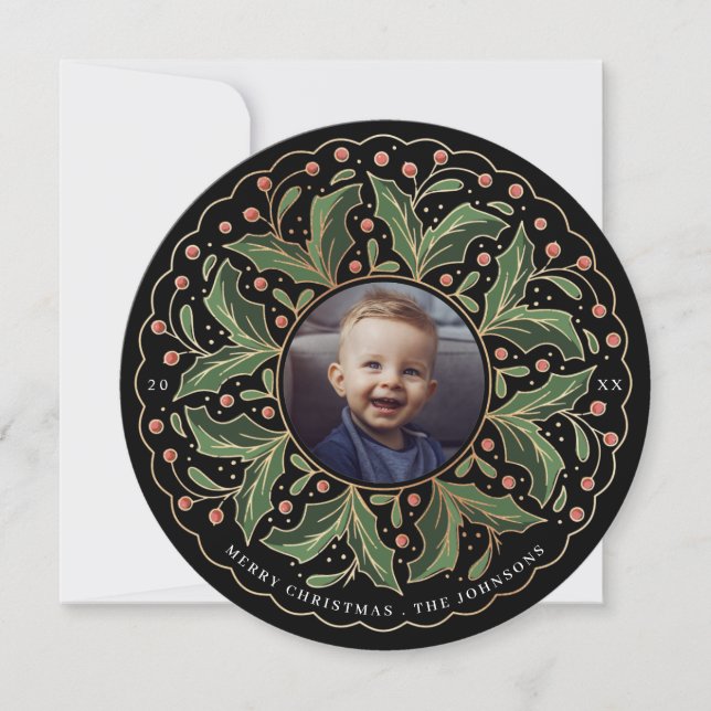 Cartes Pour Fêtes Annuelles Holly Feuilles et Berries Round Photo (Devant)