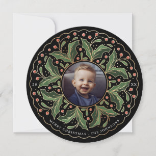 Cartes Pour Fêtes Annuelles Holly Feuilles et Berries Round Photo