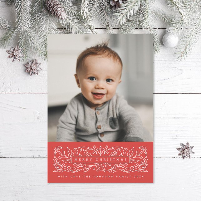 Cartes Pour Fêtes Annuelles Holly Feuilles Joyeux Noël classique Photo (Créateur téléchargé)