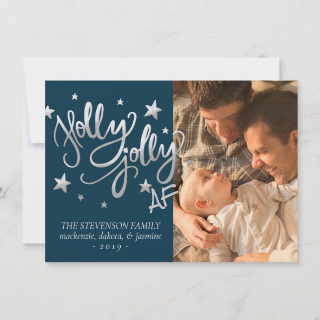 Cartes Pour Fêtes Annuelles Holly Jolly AF | Photo Faux Foil en argent brillan (Devant)