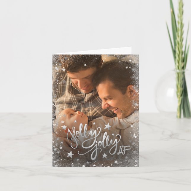 Cartes Pour Fêtes Annuelles Holly Jolly AF | Photo Faux Foil en argent brillan (Devant)