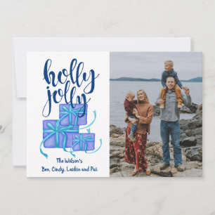Cartes Pour Fêtes Annuelles Holly Jolly Cadeaux Blue Custom Photo Holiday Card