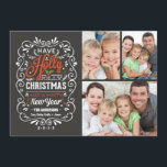 Cartes Pour Fêtes Annuelles Holly Jolly Christmas Chalkboard Photo Collage<br><div class="desc">Solive and fancy curly chalkboard Christmas Holiday greetings photo template on trendy flat cards. Cheerful chalkboard style typographiy with remix of hand-lettered styles, decorated with swirly frame, winter foliage and holly berries. Add your favorite holiday family photo customize the text. Modern to send happy winter holiday greetings to all your...</div>