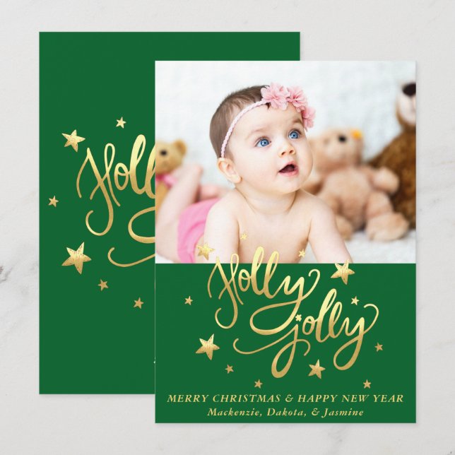 Cartes Pour Fêtes Annuelles Holly Jolly | Élégante photo de script de faux or (Devant / Derrière)