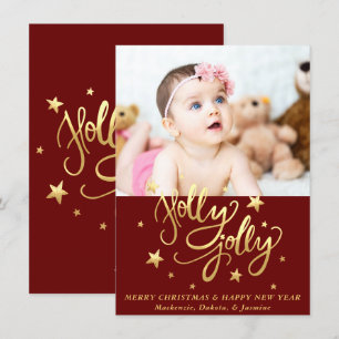 Cartes Pour Fêtes Annuelles Holly Jolly Élégante photo de script de faux or