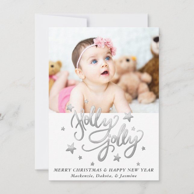 Cartes Pour Fêtes Annuelles Holly Jolly | Élégante photo Faux Foil Argent (Devant)