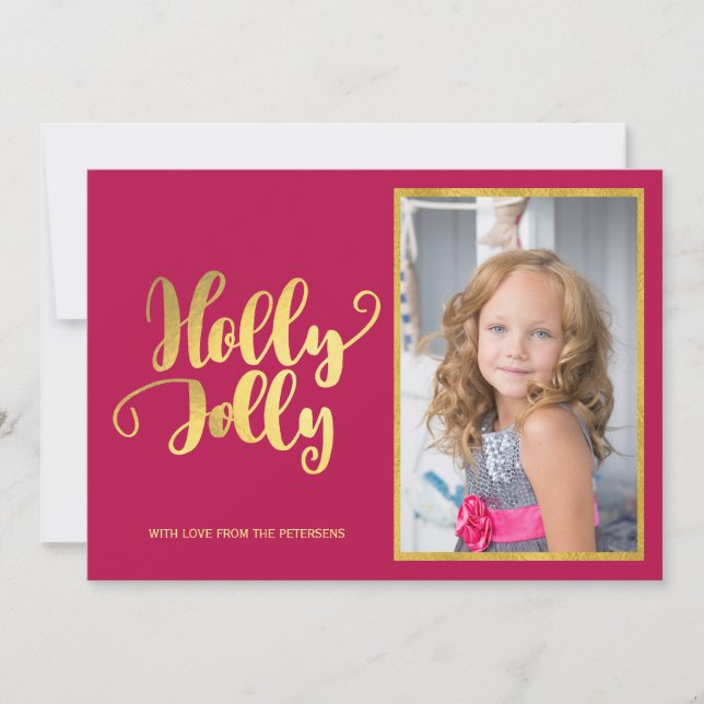 Cartes Pour Fêtes Annuelles Holly Jolly magenta or calligraphie script (Devant)