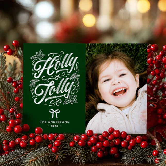 Cartes Pour Fêtes Annuelles Holly Jolly Nom de famille et photo Noël (Créateur téléchargé)