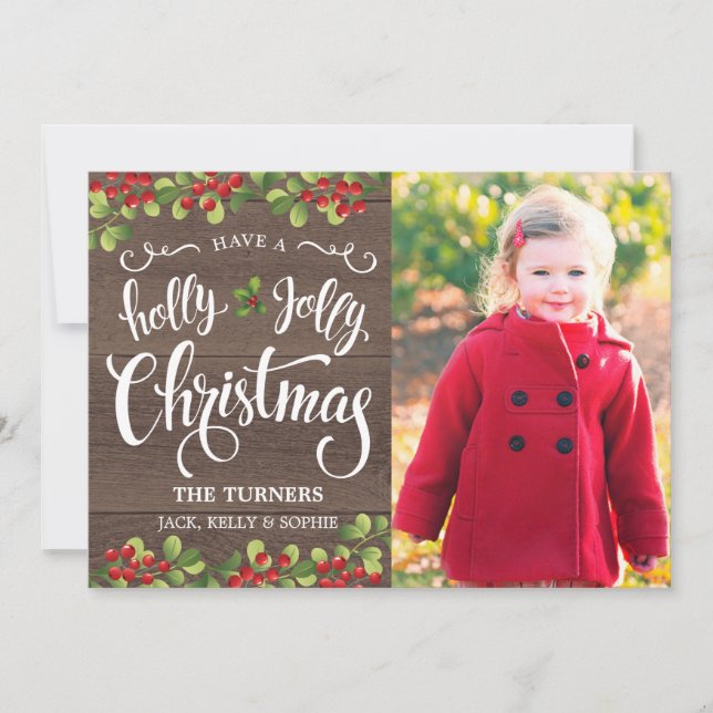 Cartes Pour Fêtes Annuelles Holly Jolly Script de Noël - Bois rustique (Devant)