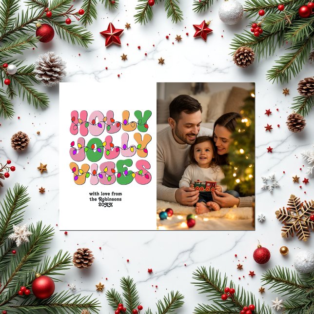 Cartes Pour Fêtes Annuelles "Holly Jolly Vibes" Retro Christmas Lights Photo ("Holly Jolly Vibes" Retro Christmas Lights Photo Holiday Postcard)