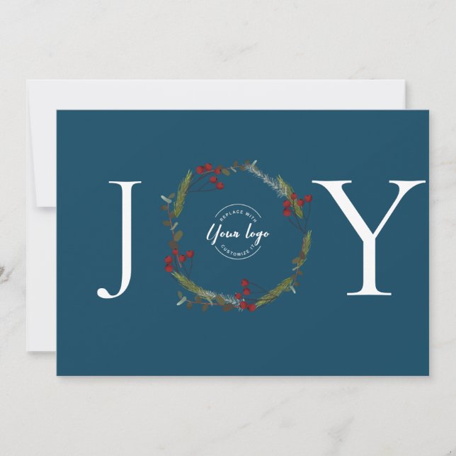 Cartes Pour Fêtes Annuelles Holly Pine Wreath Joy Blue Business logo personnal (Devant)