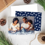 Cartes Pour Fêtes Annuelles Home for the Holidays Navy Modern Script Photo<br><div class="desc">"Home for the Holidays" Christmas photo card design features modern navy blue brushed script lettering along with custom text that can be personalized as an overlay with a favorite horizontal family photo at home. A modern winter pattern dresses up the back of the card. The navy background color on the...</div>