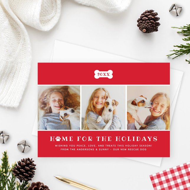 Cartes Pour Fêtes Annuelles Home for the Holidays Red Plaid Dog Photo (Créateur téléchargé)