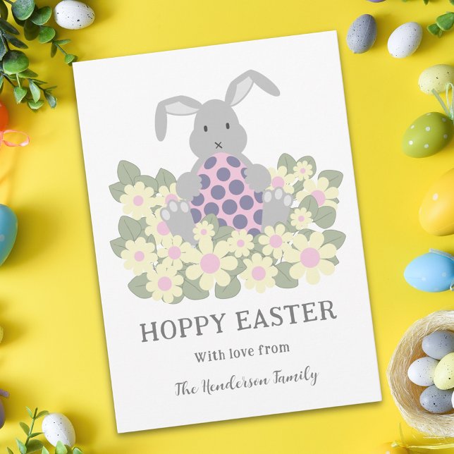 Cartes Pour Fêtes Annuelles Hoppy Lapin De Pâques Floral (Personalized cute hoppy Easter bunny floral holiday greetings card)