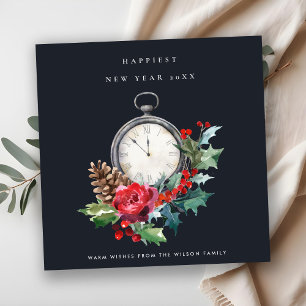 CARTES POUR FÊTES ANNUELLES HORLOGE NOUVEL AN HOLLY BERRY ROUGE VERT NAVY VINT