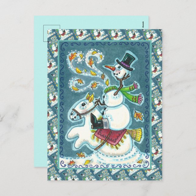 CARTES POUR FÊTES ANNUELLES HORSEMAN SNOWMAN SANS TÊTE, HUMOUR XMAS HALLOWEEN, (Devant / Derrière)
