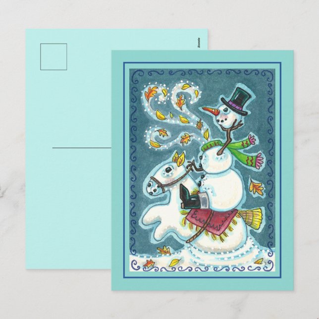 CARTES POUR FÊTES ANNUELLES HORSEMAN SNOWMAN SANS TÊTE, HUMOUR XMAS HALLOWEEN, (Devant / Derrière)