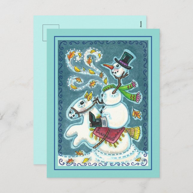 CARTES POUR FÊTES ANNUELLES HORSEMAN SNOWMAN SANS TÊTE, HUMOUR XMAS HALLOWEEN, (Devant / Derrière)