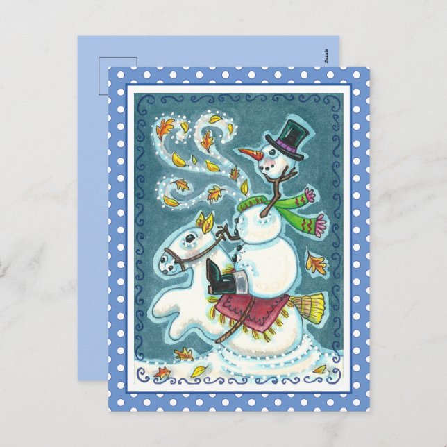 CARTES POUR FÊTES ANNUELLES HORSEMAN SNOWMAN SANS TÊTE, HUMOUR XMAS HALLOWEEN, (Devant / Derrière)