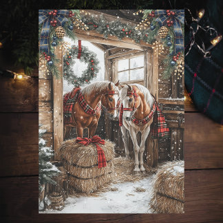 Cartes Pour Fêtes Annuelles Horses Plaid Country Christmas Winter Barn Scene