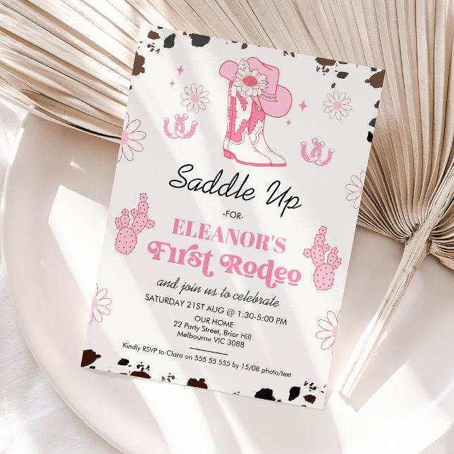 Cartes Pour Fêtes Annuelles Hot Rose Girls Premier Rodéo 1er Anniversaire Invi (Girls Hot Pink First Rodeo 1st Birthday Invitation, Cowgirl Themed, Cowgirl Boots Cow Print Invite)
