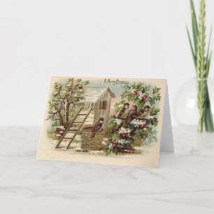 Cartes Pour Fêtes Annuelles Houx d'oiseaux de Noël Échelle de neige Récolte