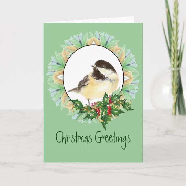 Cartes Pour Fêtes Annuelles Houx gai d'oiseau de Chickadee d'aquarelle de Noël (Devant)