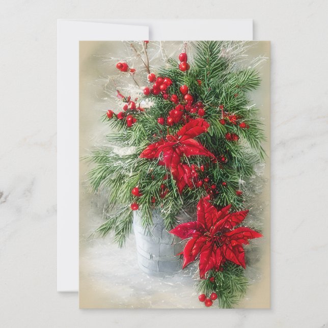 Cartes Pour Fêtes Annuelles Houx poinsettias et sapin budget Noël (Devant)