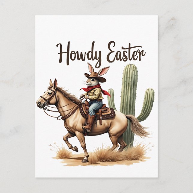 Cartes Pour Fêtes Annuelles Howdy Bunny de Pâques chevauchant un Cheval Cowboy (Devant)