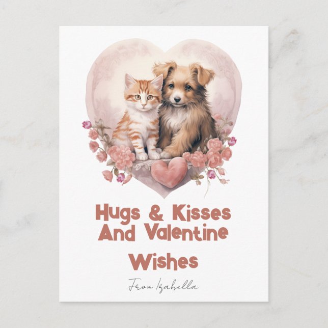 Cartes Pour Fêtes Annuelles Hugs et baisers Chat Chien Valentines Pink Card (Devant)