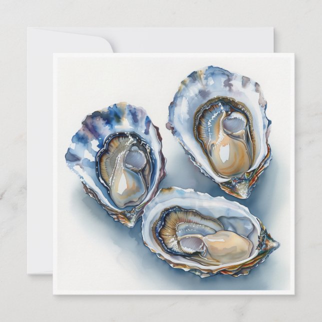 Cartes Pour Fêtes Annuelles Huîtres élégantes sur la demi-coque Aquarelle blan (Devant)