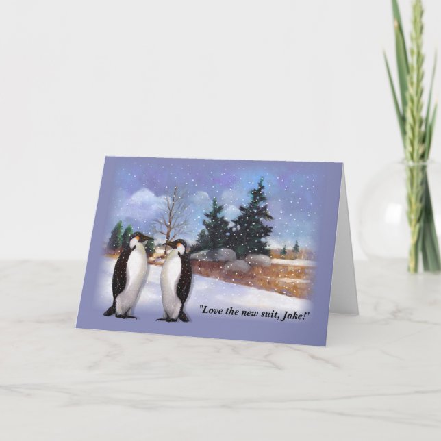 Cartes Pour Fêtes Annuelles Humour de pingouin, Pétrole Pastel scène d'hiver,  (Devant)