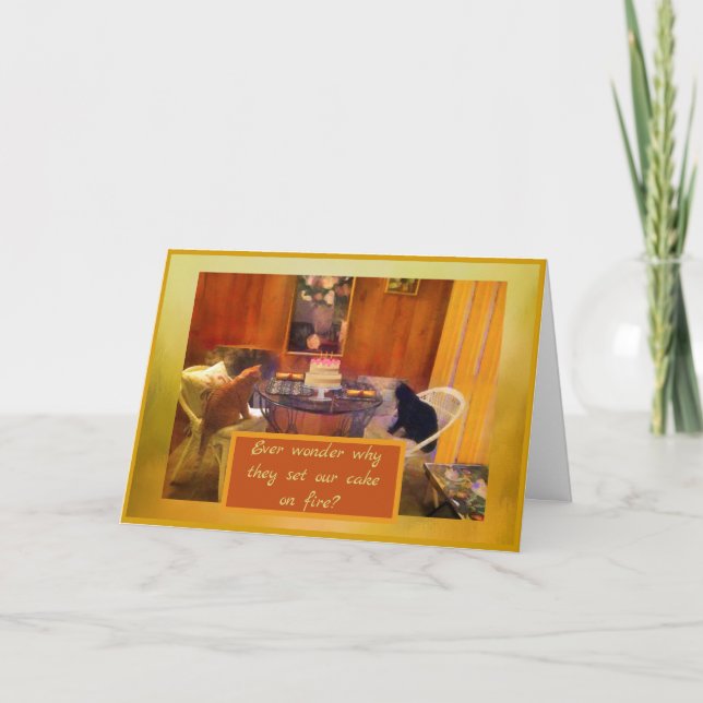 Cartes Pour Fêtes Annuelles Humour Famille Chats Mettre le gâteau "en feu" (Devant)