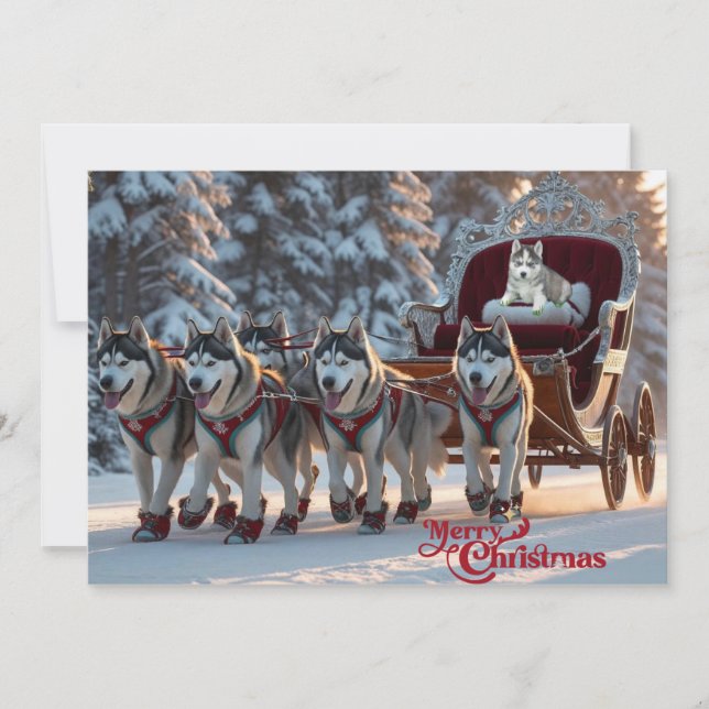 Cartes Pour Fêtes Annuelles Huskies de Noël tirant sangle Personnalisé (Devant)
