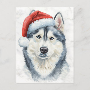 Cartes Pour Fêtes Annuelles Husky au chapeau de Père Noël aquarelle Noël