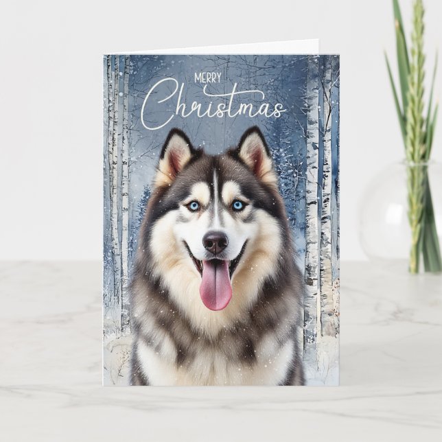 Cartes Pour Fêtes Annuelles Husky Dog Snowy Winter Forest Christmas (Devant)