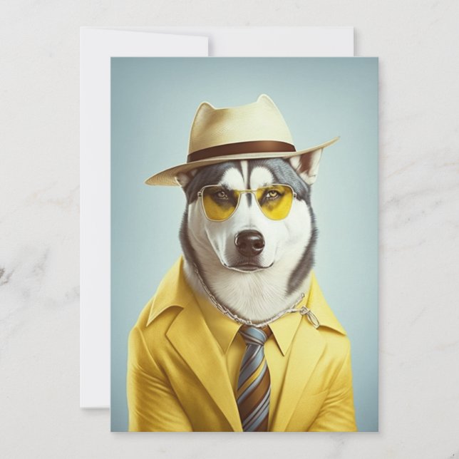 Cartes Pour Fêtes Annuelles Husky Portant un costume Jaune, Casquette, Lunette (Devant)