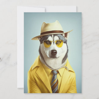 Cartes Pour Fêtes Annuelles Husky Portant un costume Jaune, Casquette, Lunette
