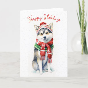 Cartes Pour Fêtes Annuelles Husky sibérien de Noël dans des flocons de neige