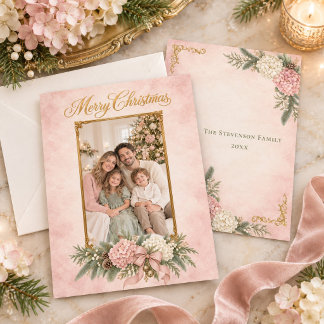 Cartes Pour Fêtes Annuelles Hydrangea Rose et Blanc Photo de Noël Héritage