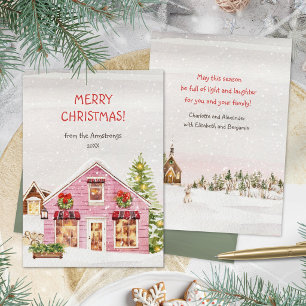Cartes Pour Fêtes Annuelles Hygge Aquarelle Maison Rose Hiver Noël