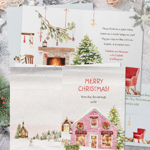 Cartes Pour Fêtes Annuelles Hygge Aquarelle Village de Noël Rose de Noël