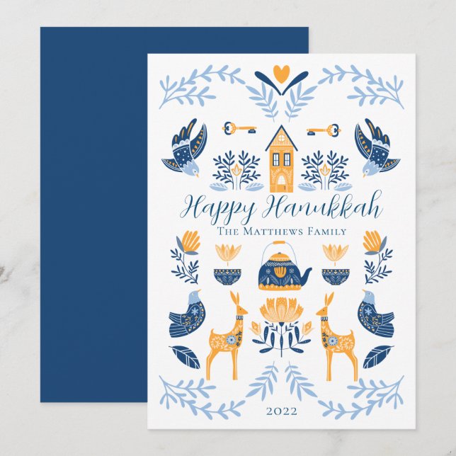 Cartes Pour Fêtes Annuelles Hygge Bleu | Joyeux Hanukkah jaune unique (Devant / Derrière)