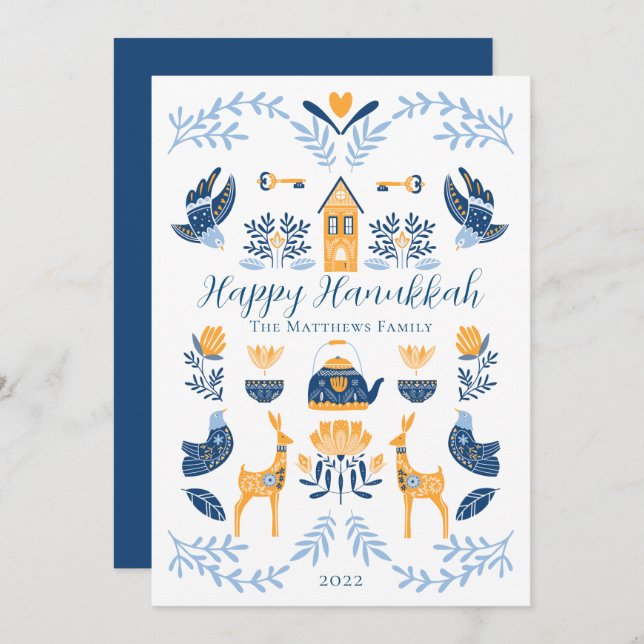 Cartes Pour Fêtes Annuelles Hygge Bleu | Joyeux Hanukkah Unique Jaune (Devant / Derrière)