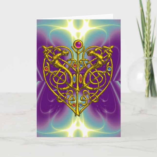 Cartes Pour Fêtes Annuelles HYPER VALENTINE /Gold Celtic Knot Heart Avec Gems (Devant)