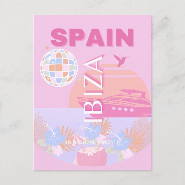 Cartes Pour Fêtes Annuelles Ibiza, Espagne, Art Voyage, Art Preppy, Rose (Devant)