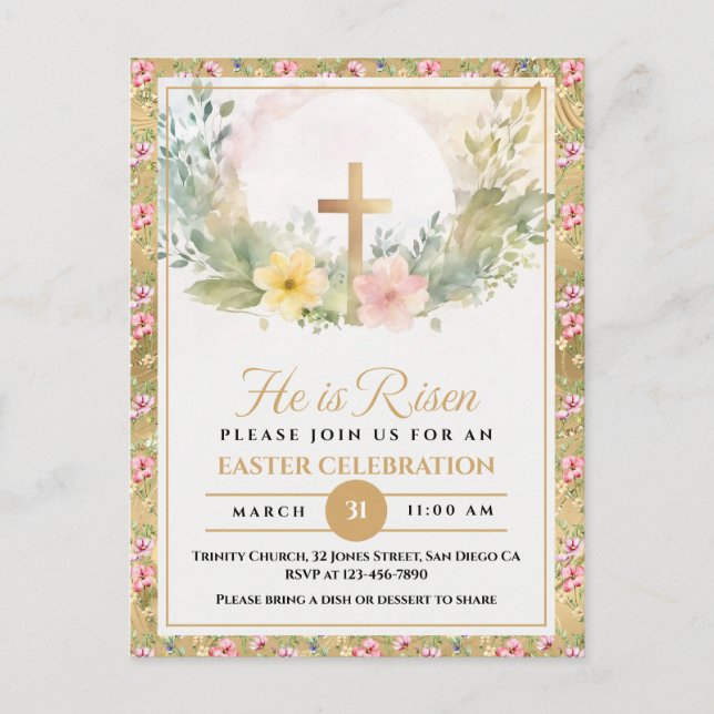 Cartes Pour Fêtes Annuelles Il Est Ressuscité Fleurs D'Aquarelle De Pâques, Re (Devant)