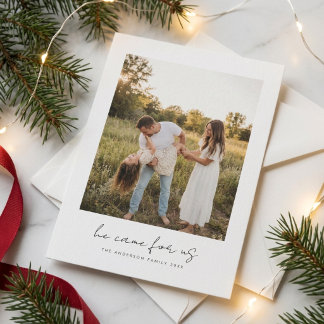 Cartes Pour Fêtes Annuelles Il est venu pour nous | Photo de famille religieus