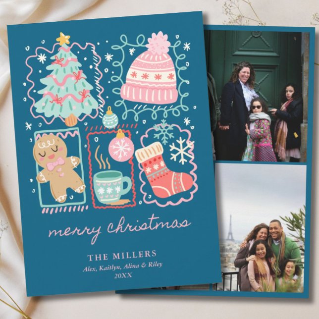 Cartes Pour Fêtes Annuelles Illustrated Doodle Blue Xmas Gingerbread 3 Photo (Illustrated Doodle Blue Xmas Gingerbread 3 Photo Holiday Card
)